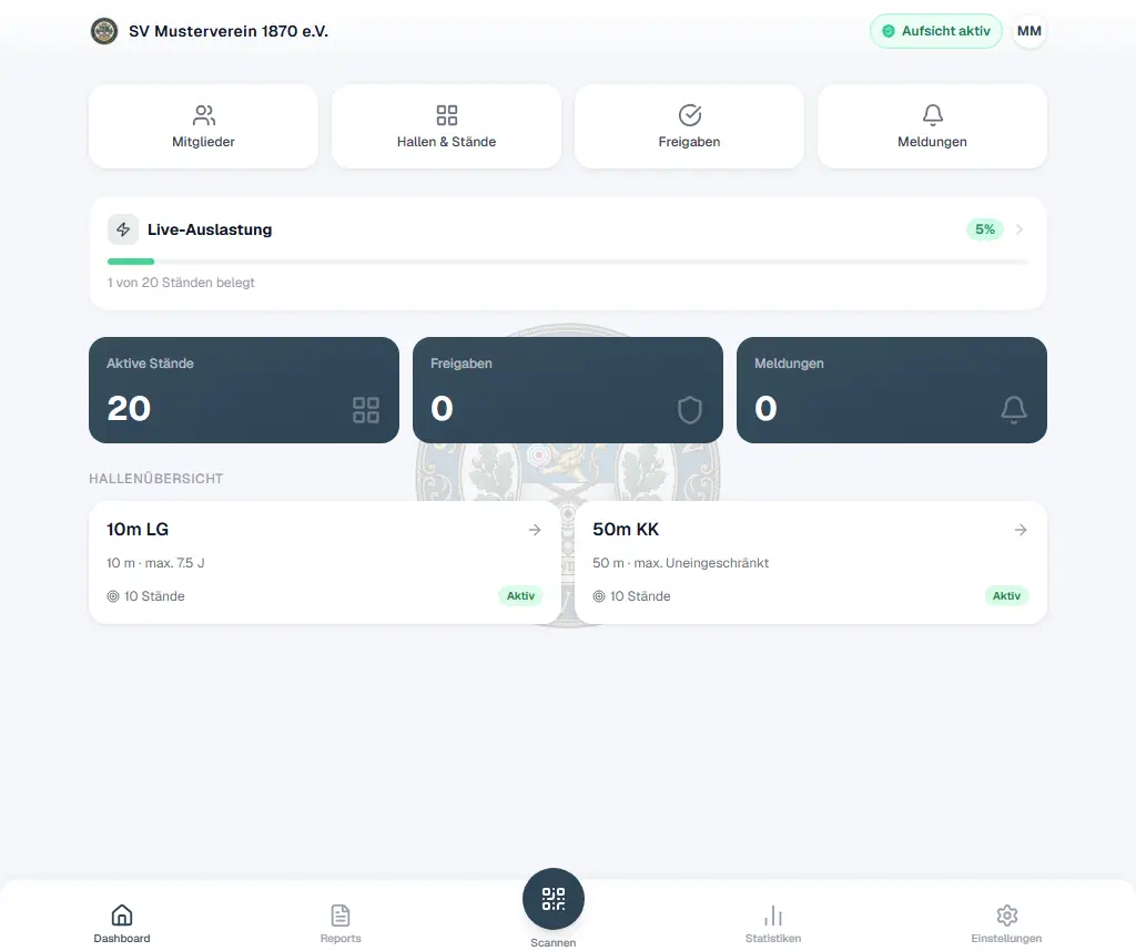 Vereinskladde Dashboard mit Live-Auslastung, Hallenübersicht und aktiven Schießständen